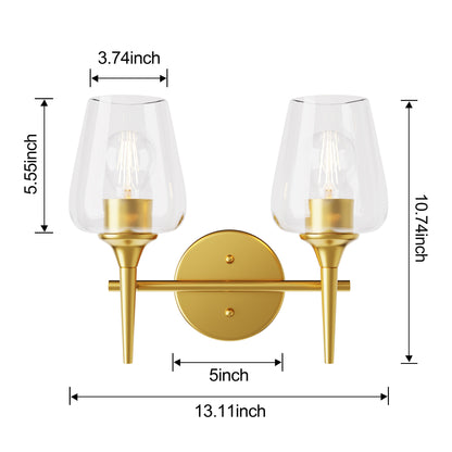 Modern Gold Vanity Lighting Fixture, 2 Light Over Mirror, Wall Lamp with Clear Glass for Bathroom, Hallway, Bedroom with E26 Socket