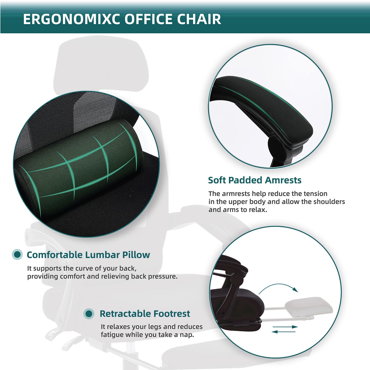 Retractable Footrest Ergonomic Swivel Office Chair with Lumbar Support Pillow and Padded Armrests