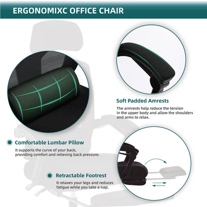 Retractable Footrest Ergonomic Swivel Office Chair with Lumbar Support Pillow and Padded Armrests