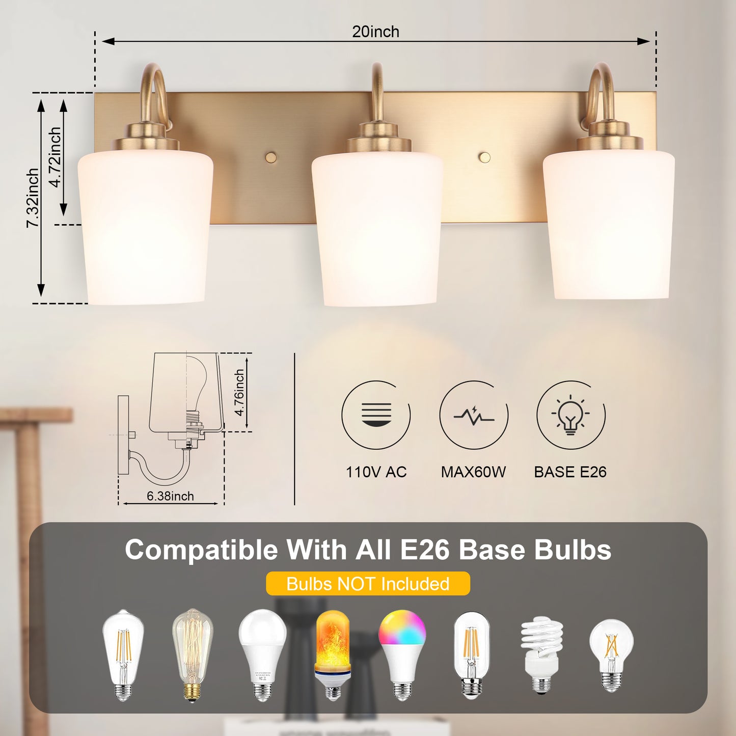Modern Gold Vanity Lighting Fixture, Mirror 4 Lights, Wall Sconce with Frosted Glass for Bathroom, Hallway, Bedroom with E26 Socket