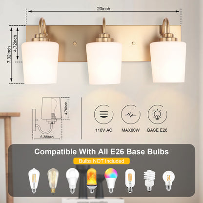 Modern Gold Vanity Lighting Fixture, Mirror 4 Lights, Wall Sconce with Frosted Glass for Bathroom, Hallway, Bedroom with E26 Socket