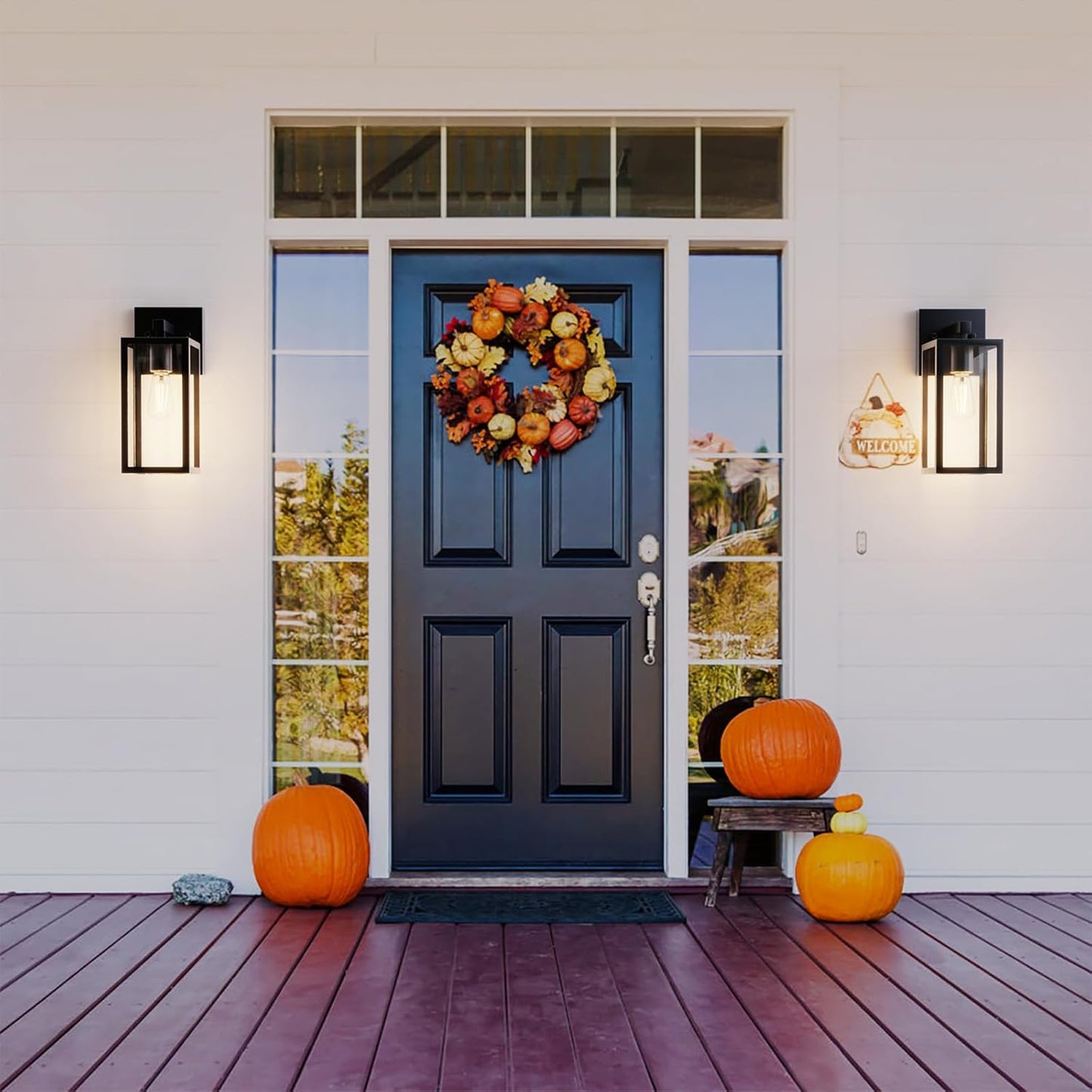 LMLMD Outdoor Wall Lights, 12.4 Inch Waterproof Lanterns with Frame and Clear Glass Shade, Exterior Front Porch Lights Matte Black Wall Sconce, Modern Mounted Lighting for Patio Entryway Hallway, 2 Pack