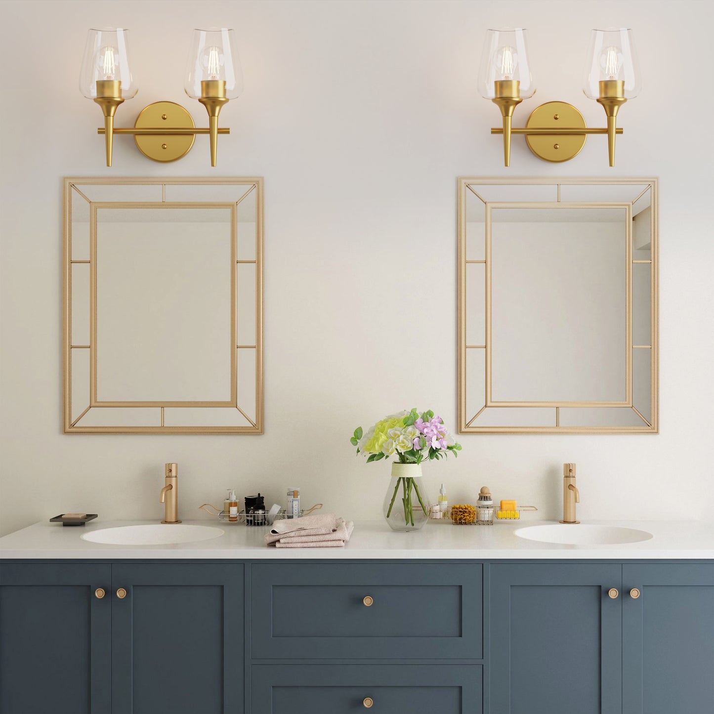Modern Gold Vanity Lighting Fixture, 2 Light Over Mirror, Wall Lamp with Clear Glass for Bathroom, Hallway, Bedroom with E26 Socket