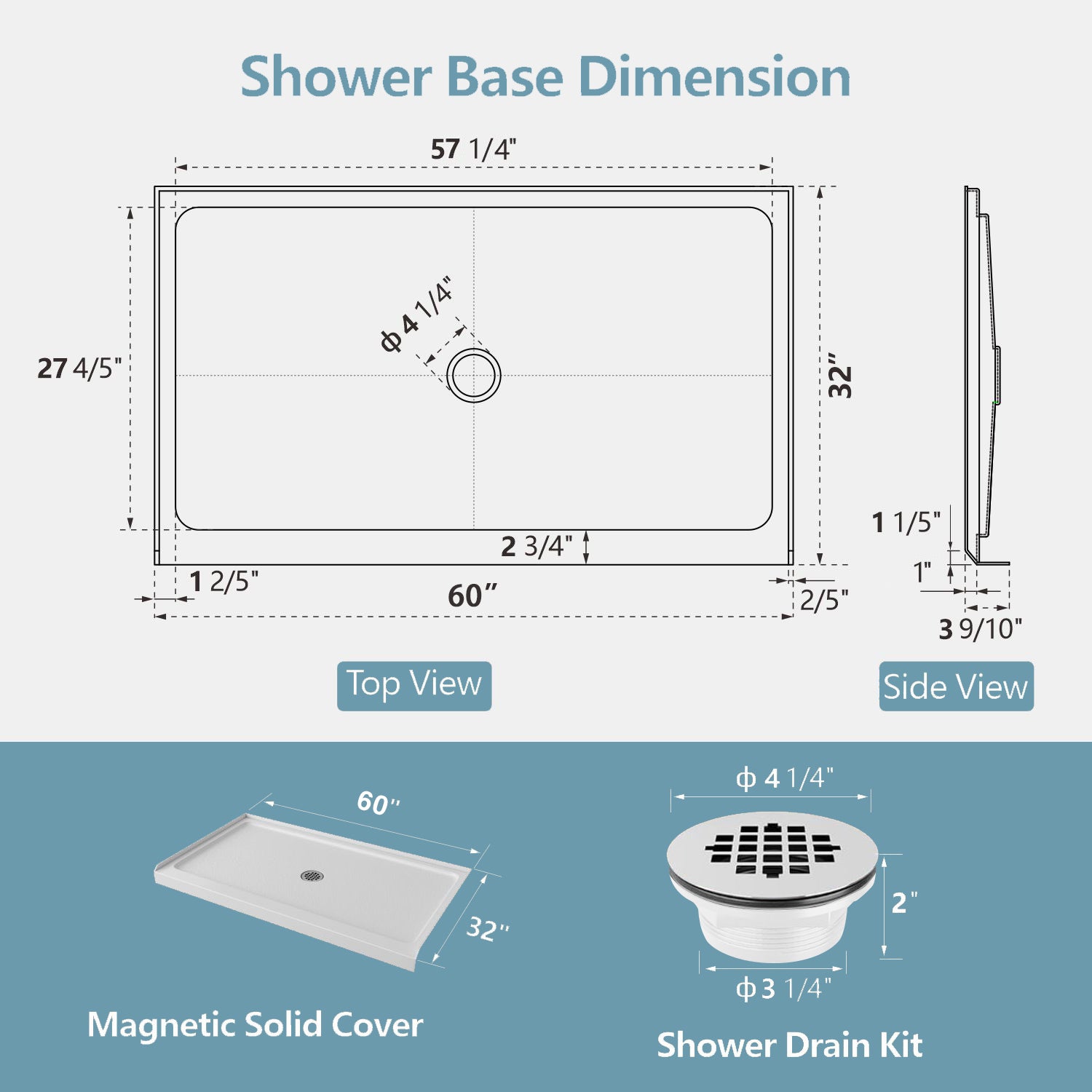 KPUY Shower Base, 60'' L X 32'' W Shower Base Pan with Single Threshold and Center Drain, Shower Pan with Slip Resistant Textured Surface, White Acrylic Shower Base