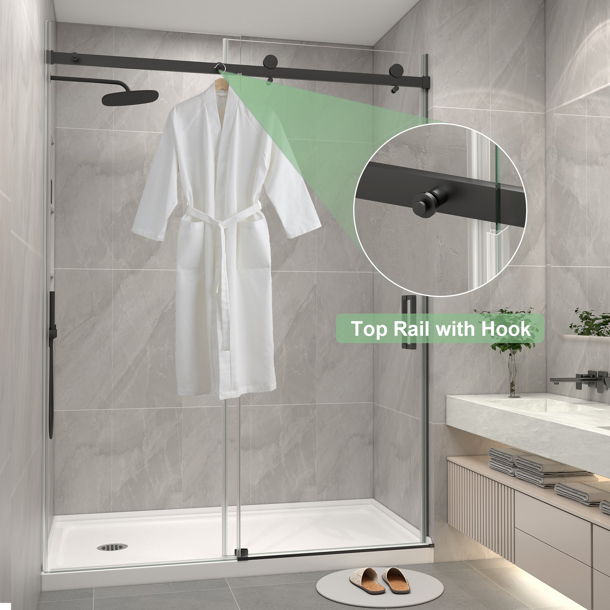 KPUY S9711B Frameless Shower Door, 44-48" W x 76" H Sliding Glass Shower Door, 1/4" (6mm) Thick Tempered Clear Glass with Explosion-Proof Film Nano Coating in Matte Black Finish