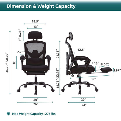 Retractable Footrest Ergonomic Swivel Office Chair with Lumbar Support Pillow and Padded Armrests