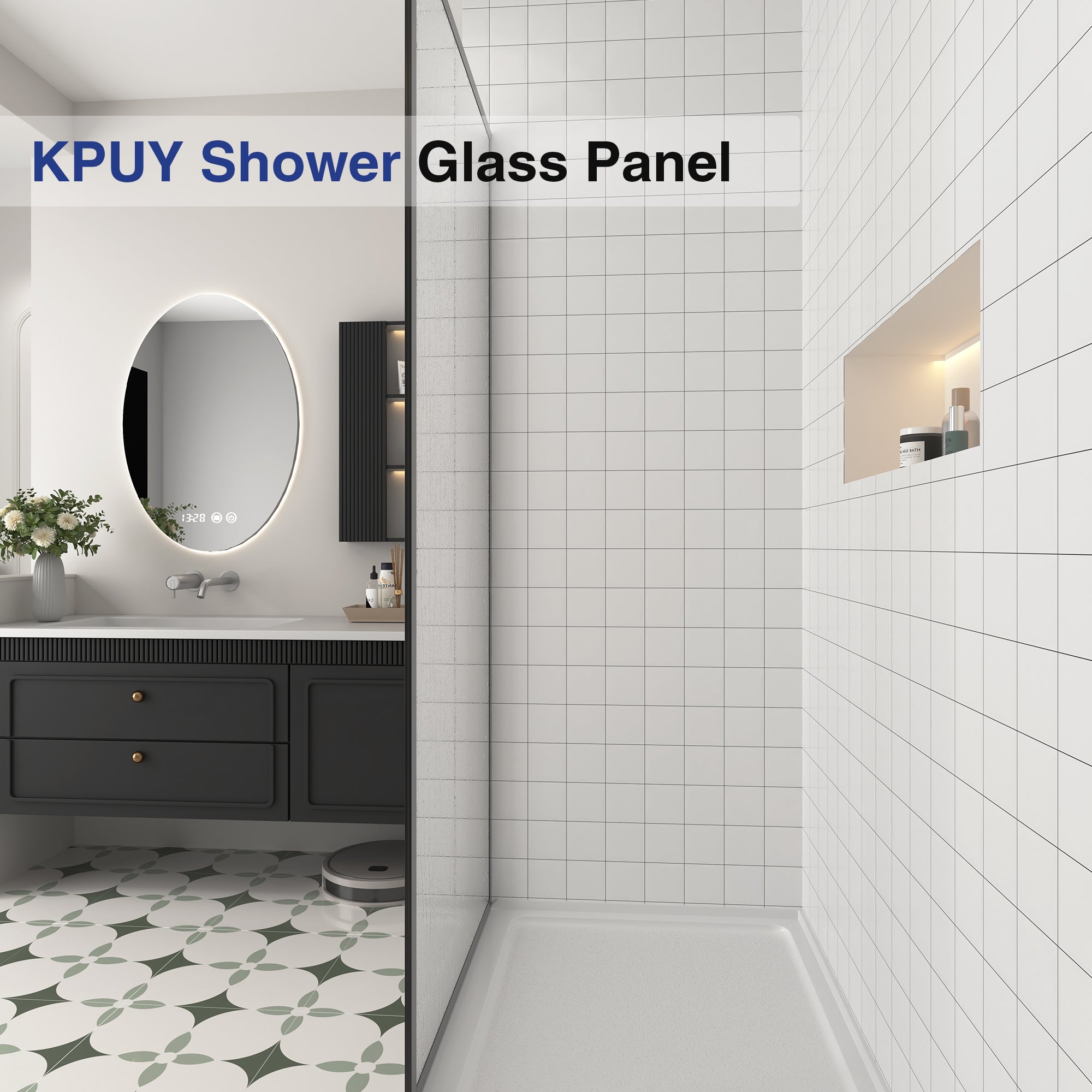 KPUY Shower Glass Panel, 34'' x 74'' H Shower Screen, 1/4" (6mm) Thick Tempered Clear Glass, Fixed Shower Door with Explosion-Proof Film in Matte Black