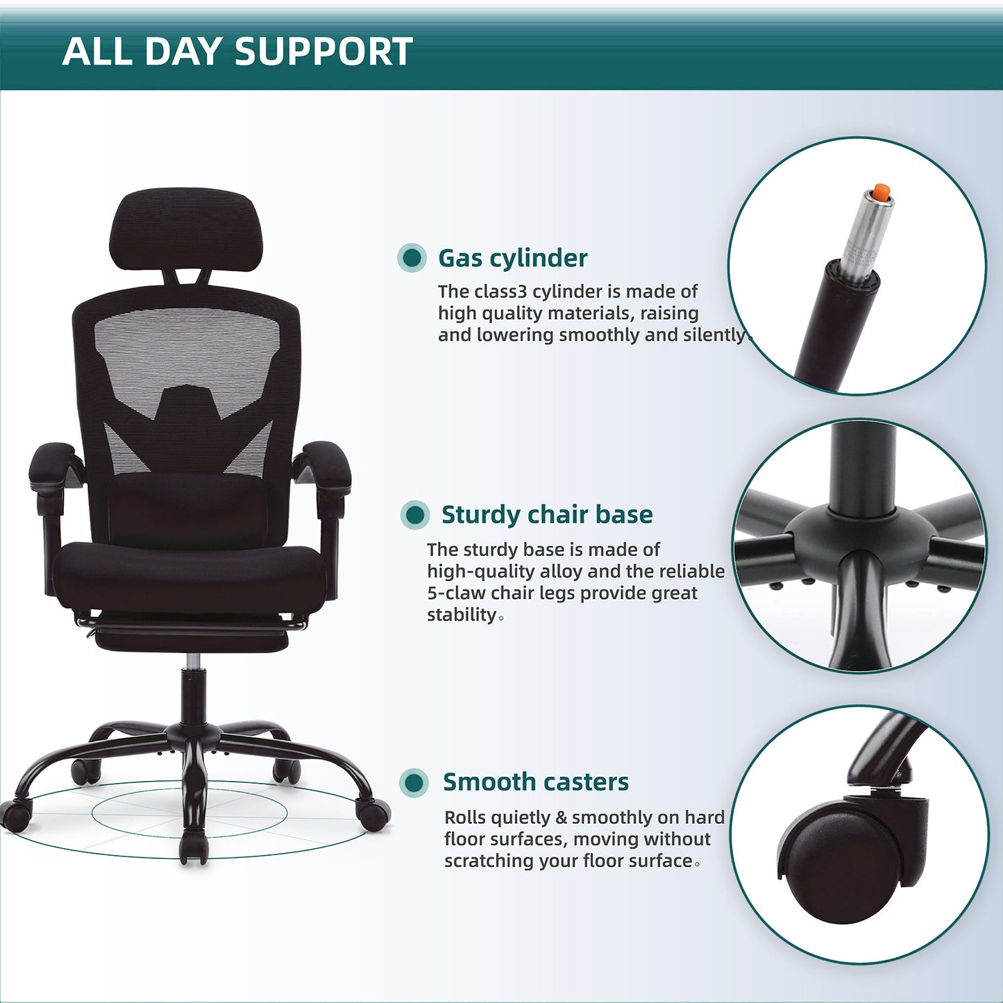 Retractable Footrest Ergonomic Swivel Office Chair with Lumbar Support Pillow and Padded Armrests