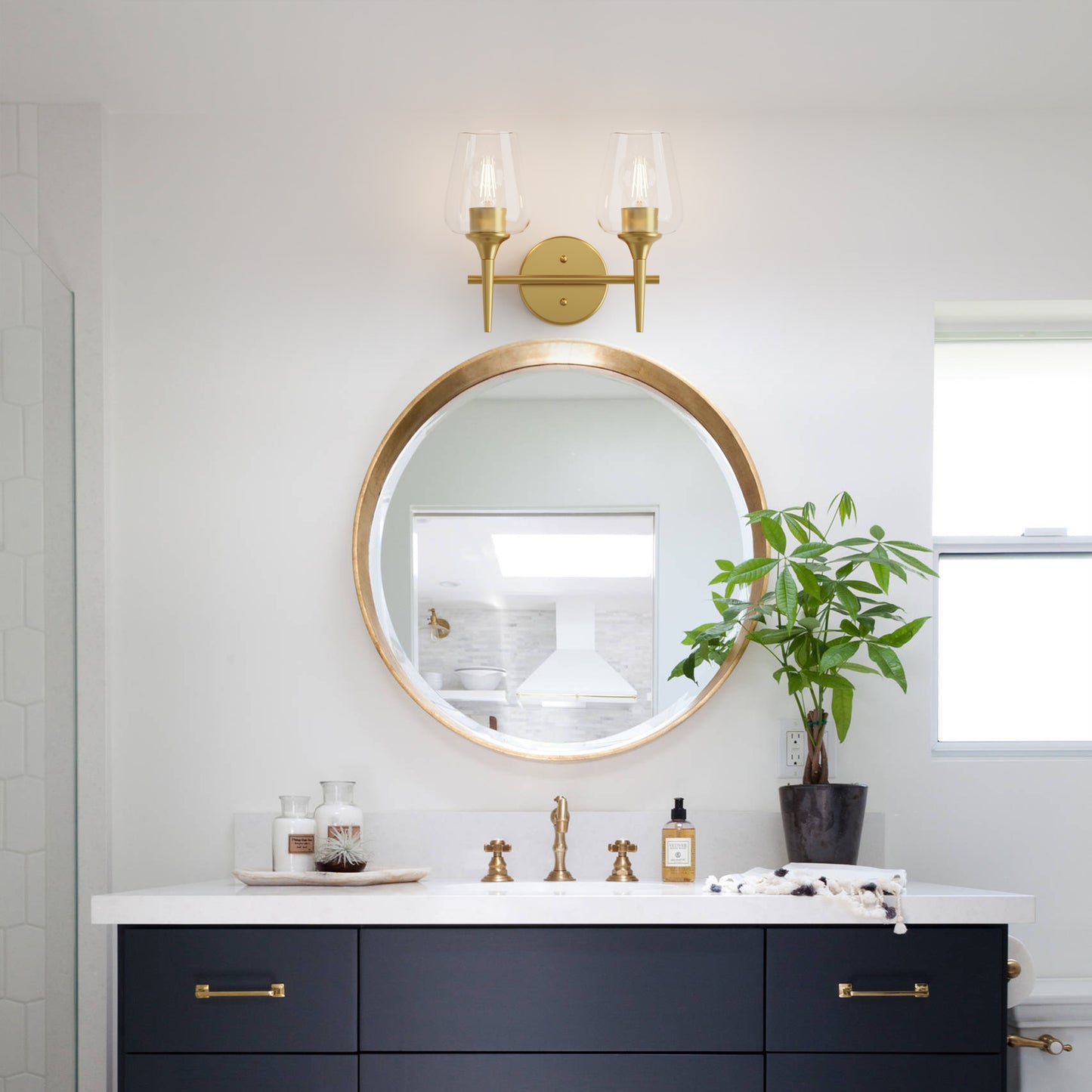 Modern Gold Vanity Lighting Fixture, 2 Light Over Mirror, Wall Lamp with Clear Glass for Bathroom, Hallway, Bedroom with E26 Socket