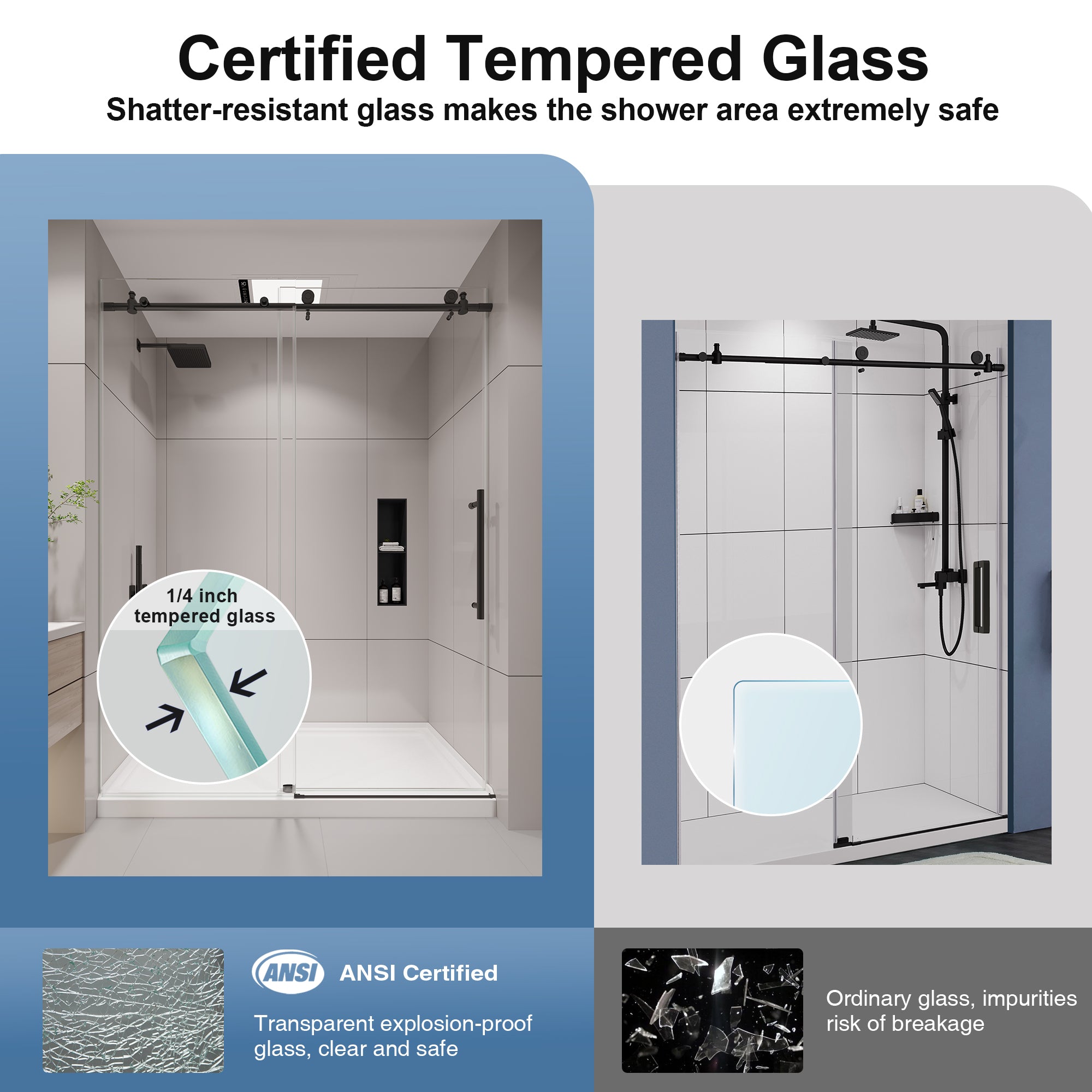 KPUY S9811B Frameless Shower Door, 44-48" W x 76" H Sliding Glass Shower Door, 1/4" (6mm) Thick Tempered Clear Glass with Explosion-Proof Film Nano Coating, Stainless Steel Hardware, Matte Black