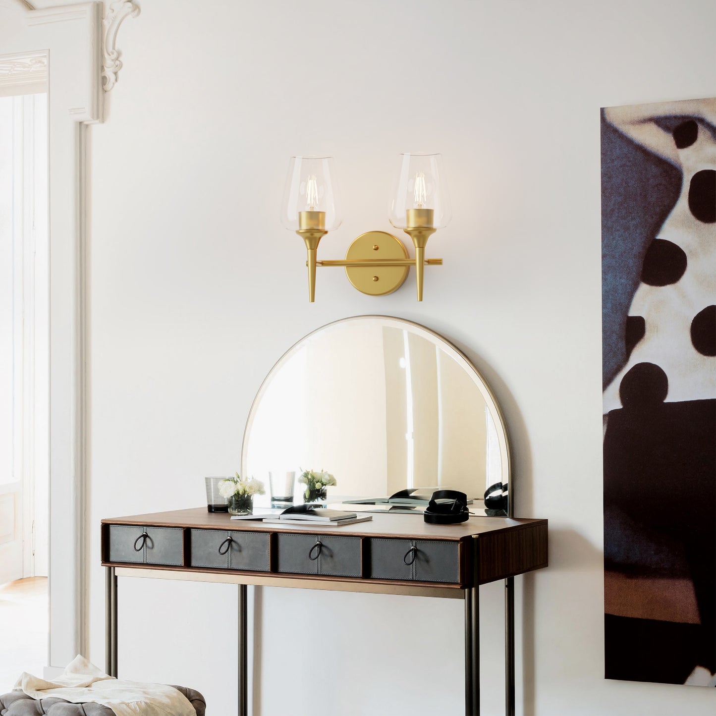 Modern Gold Vanity Lighting Fixture, 2 Light Over Mirror, Wall Lamp with Clear Glass for Bathroom, Hallway, Bedroom with E26 Socket
