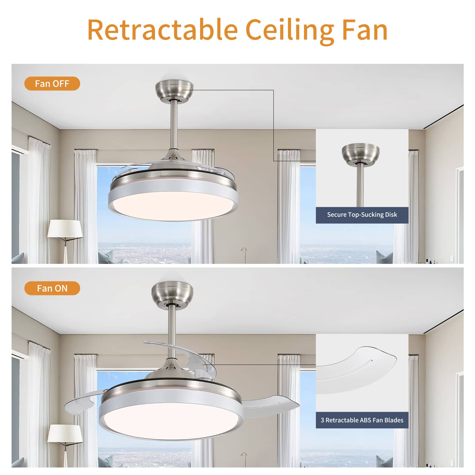 KPUY Retractable Ceiling Fan with Led Light