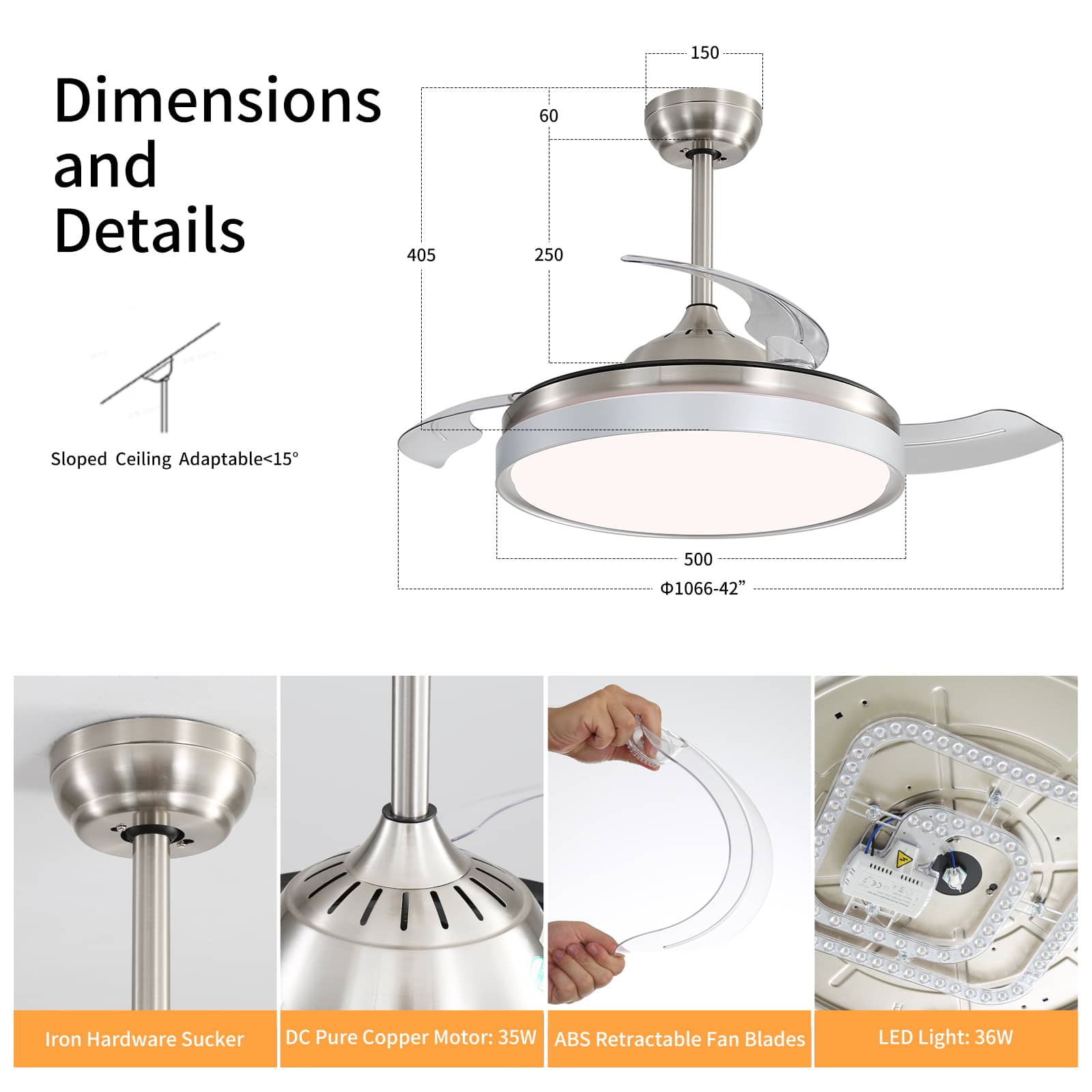 KPUY Retractable Ceiling Fan with Led Light